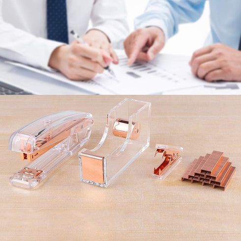 Desk Accessory Kit, Acrylic Stapler Set, Tape Dispenser, Staple Remover with 1000pcs 26/6 Staples, Rose Gold