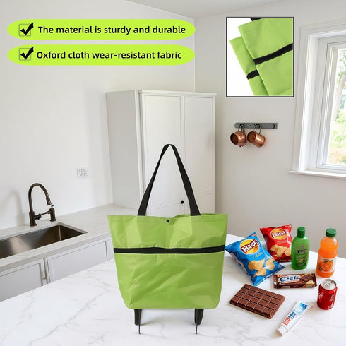 2-in-1 Supermarket,Laundry,Travel,33 lbs Foldable Shopping Cart with Wheels,Waterproof & Sturdy Grocery Bag Hand Truck