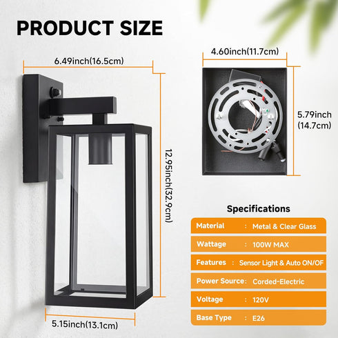 E26 SHINE HAI Dusk to Dawn Sensor Outdoor Wall Sconce, Exterior Porch Lantern Fixture with Socket & Glass Shade