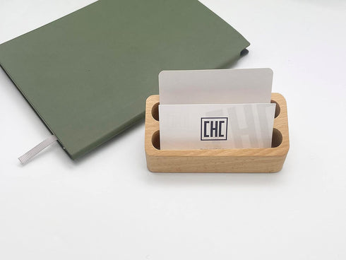 Wooden Business Card Holder 2 Grids Business Card Display Holder, Card Organizer for Office Desktop and Home (Brown)