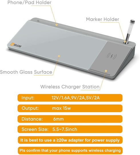 SELEAD Desktop Glass Whiteboard with Wireless Charger Station, Dry Erase Board for Home, School, Office Desk