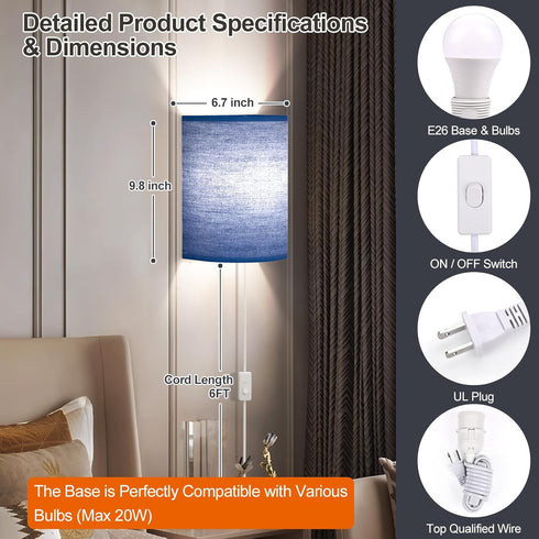 Set Plug in Wall Sconces of Two: Wall Lights with On/Off Switch - Stepless Color Temperature Wall Mount Lamps - Fabric