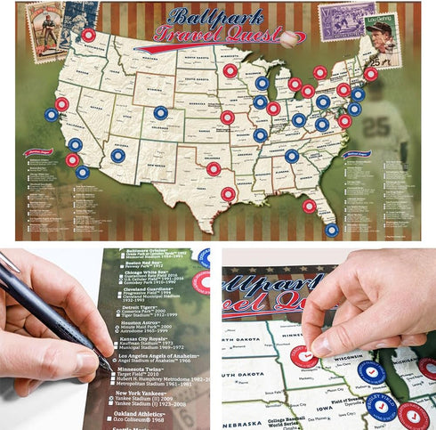 Ballpark Travel Quest Poster Set, Laminated, Includes Stickers, 17"x28", Made in the USA