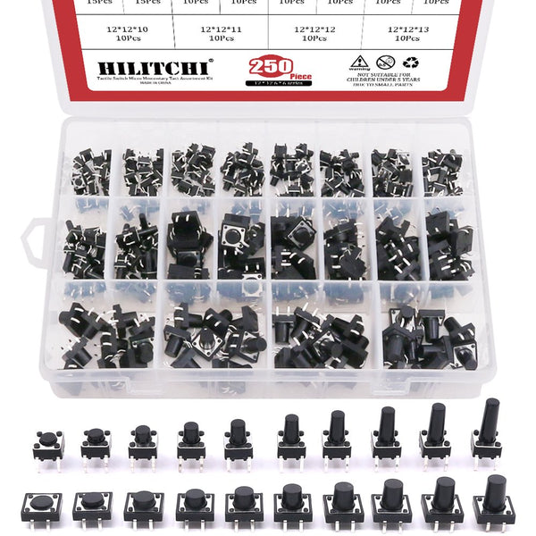 Hilitchi 250-Pcs 6 x 6mm 12 x 12mm Tactile Push Button Switch Micro Momentary Assortment Kit