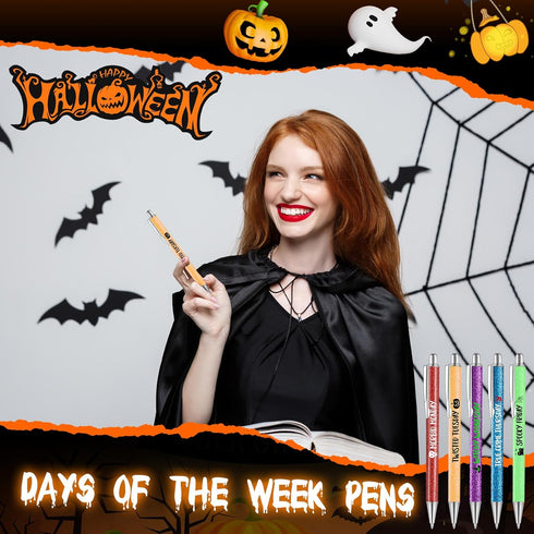 Sherr 7 Pcs Halloween Weekday Pens, Glitter Fancy Funny Ballpoint Pens with 10 Pcs Black Ink Refills for Office