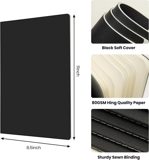Large Notebook Journals Bulk, 12 Pack A4 Size, Black Cover, 60 Unlined Pages, 8.5x11 inch, 80GSM Paper