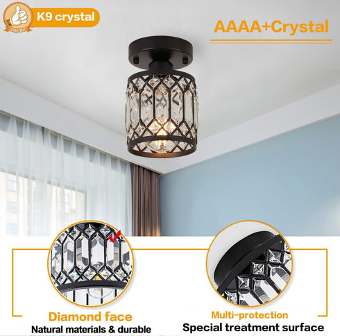 Wuhuyipi Crystal Black Ceiling Lights Modern Semi Flush Mount Ceiling Light Fixture,Farmhouse Rustic Chandelier