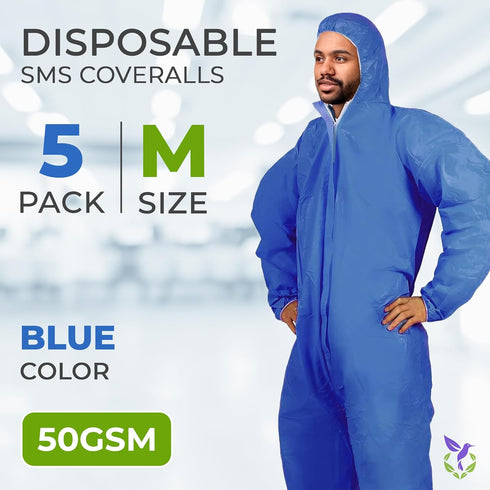 Pack 5, 50 AMZ Medical Supply Disposable Coveralls with Hood, Medium, Blue, of GSM SMS Fabric, Front Zipper, Elastic