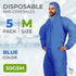 Pack 5, 50 AMZ Medical Supply Disposable Coveralls with Hood, Medium, Blue, of GSM SMS Fabric, Front Zipper, Elastic