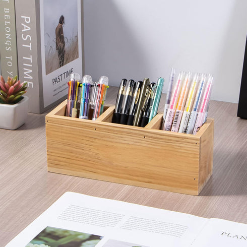 Wood Pencil Holder - Rustic 3 Compartment Desk Organizer for Home, School, and Barbershop