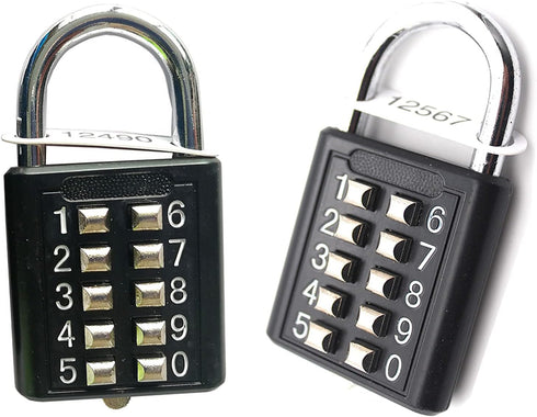 ZENG 10-Digit Push Button Padlock, Unchangeable 5-Digit Combination Lock with Hardened Steel Shackle, Black 2 Pack