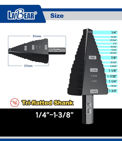 1/4 to 1-3/8 Inch HSS Step Drill Bit for Metal, Plastic, Wood, Heavy Duty Unibit with Multi Hole Sizes