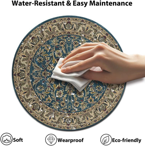 Wknoon Retro Blue and Beige Floral Print Art Round Mouse Pad, Vintage Oriental Persian Design Cute Circular Mat