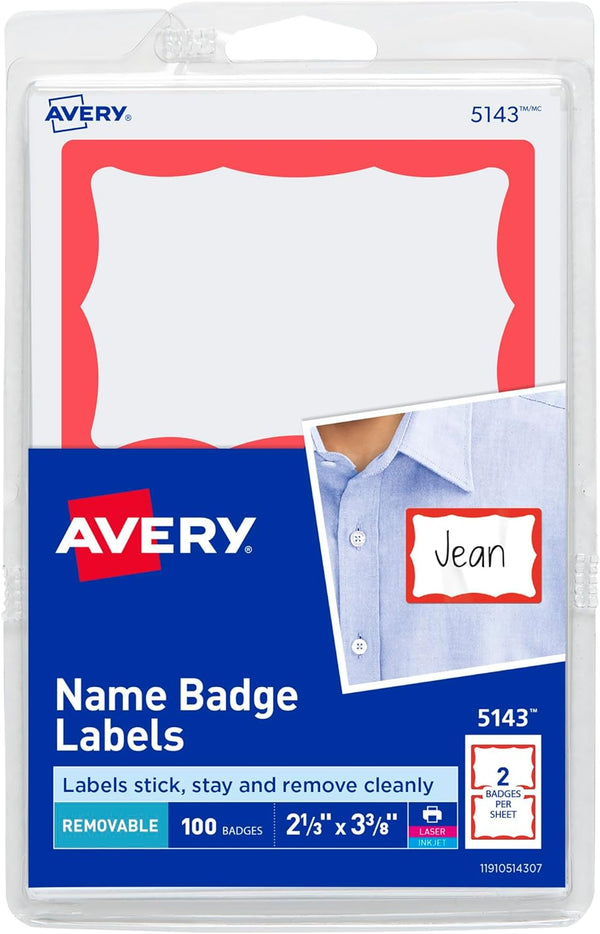 Avery Customizable Name Tags, White with Red Border, 2-1/3" x 3-3/8", 100 Removable Badges (05143)