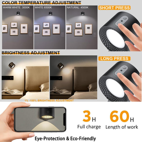 360 Dimming 2000mAh, 3 5 6500K LED Wall Sconce, Cordless Wall Light, Remote Control Touch Wall Light, Two-Way Lighting