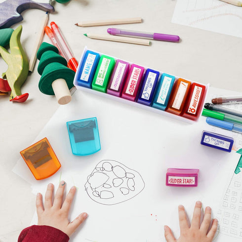 Reliancer 8PCS Teacher Stamp Set, Colorful Self-Inking Motivation Stamps for Classroom Homework Rating with Storage Tray