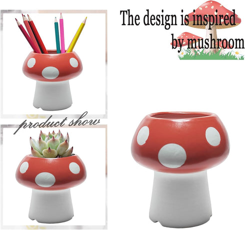 Cute Mushroom Pencil Holder for Desk, Ceramic Pencil Cup Decoration Accessories, Red Mushroom Decor Succulent Plant Pot