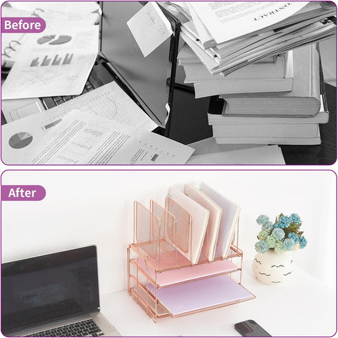 Desk Organizers and Accessories, 3-Tier Paper Organizer with 5 Vertical File Holders, Rose Gold, Desk Accessories
