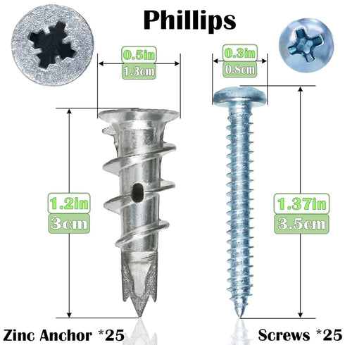 Zinc Self-Drilling Drywall Anchors with Screws Kit, 25 Heavy Duty Anchors & Screws, 50 Pieces