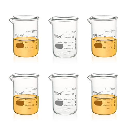 ULAB Heavy Duty Glass Beakers, 6 pcs of 250ml, Borosilicate 3.3 Glass, Thick Wall with Double Scale
