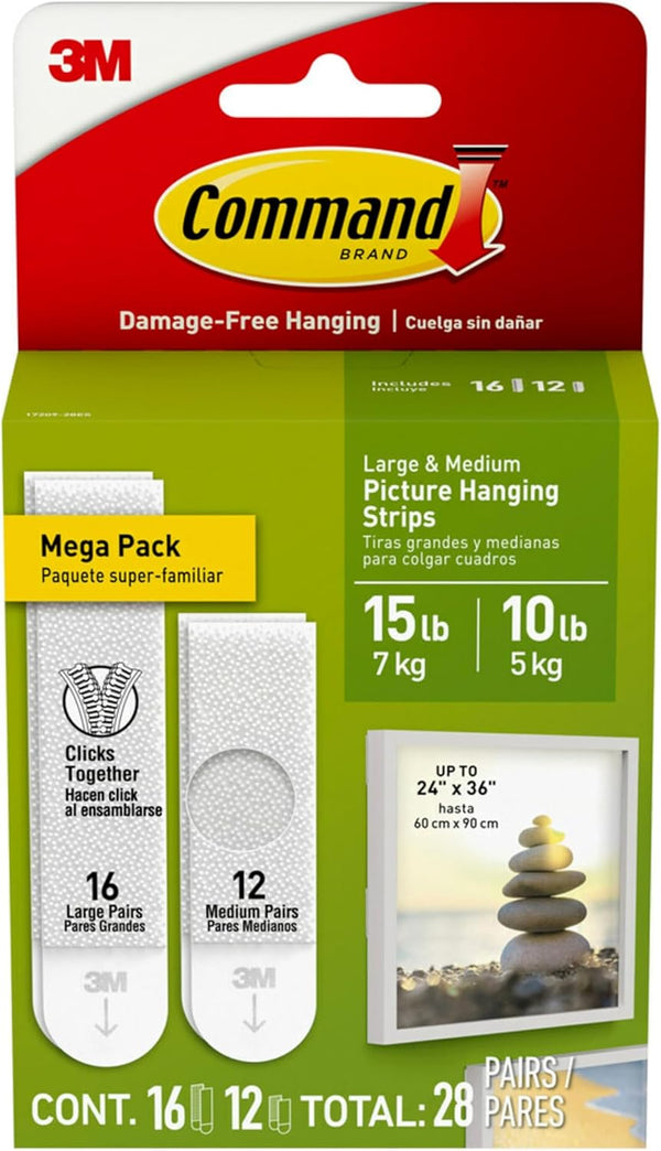 Command Picture Hanging Strips - 15 lb & 10 lb Large and Medium, 28 Assorted Pairs, Damage-Free Wall Hangers