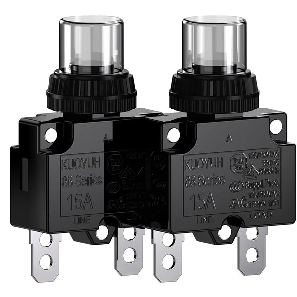 DIYhz Thermal Overload Circuit Breaker, 88 Series, 15A, 32V DC, 125/250VAC, 2 Pcs, Push Button Reset