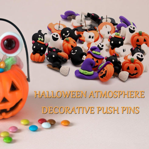 Halloween Push Pins, 32 Pcs Decorative Thumb Tacks for Bulletin Board, Cute Pumpkin Ghost Black Cat School Office