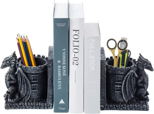 MyGift Black Resin Dragon Decorative Bookends, Heavy Books with Pencil Holder for Desk, Office Supplies Fantasy Dragons