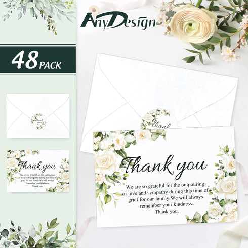 48 Pack AnyDesign Funeral Thank You Cards White Rose Sympathy Thank You Cards with Seal Stickers Envelopes Floral