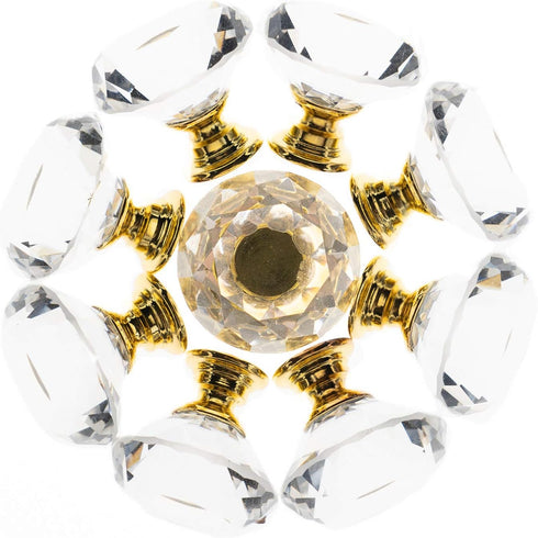 YourGift 6 Pack Drawer Knobs, Diamond Shaped Crystal Glass 30mm Cabinet Pull Handles (Gold)