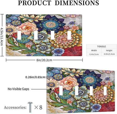 Boho Floral Bright 4 Gang Light Switch Cover: Quad Toggle Wall Plate Decorative Electrical Faceplate for Home