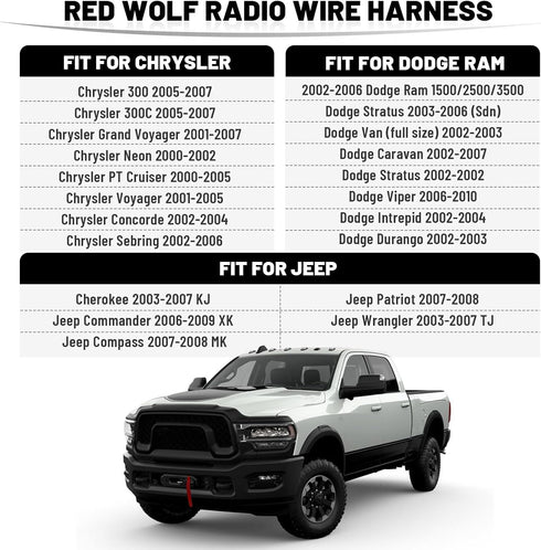 2002-2006 4 RED WOLF Radio Wire Harness Fit for Select Dodge Ram Chrysler Jeep Power Speakers, Radio Wiring Harness