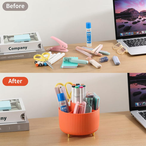 Desk Pencil Pen Holder - 5 Slots 360° Degree Rotating Organizer for Office, School, Home, and Art Supplies (Orange)