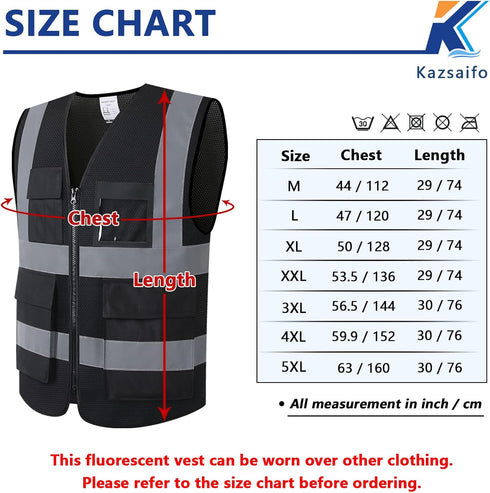 Reflective Safety Vest for Men Women - 8 Pockets and Zipper High Visibility Mesh Construction Work Vest (KZ170-Black,