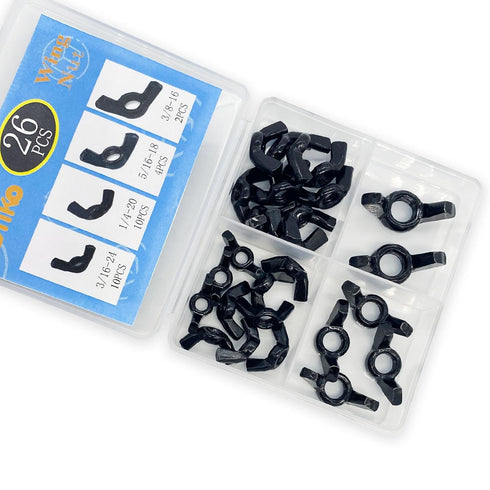 Yoliko 26 4 3/16",1/4",5/16",3/8" Pcs Sizes Wingnuts, Quality Carbon Steel Wing Nuts Black Zinc Plated Fasteners Parts