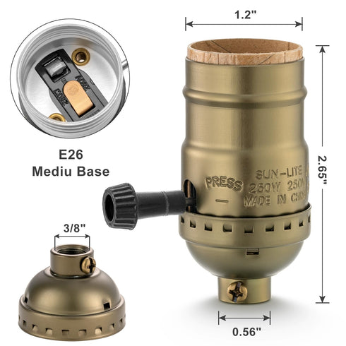 3 Way Lamp Socket Replacement - E26 Threaded Base with Turn Knob for Table & Floor Lamps (Antique Brass)