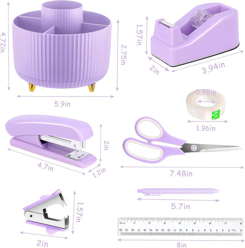Purple Desk Accessories, 360° Pen Holder with Tape Dispenser, Stapler, and Office Supplies Set
