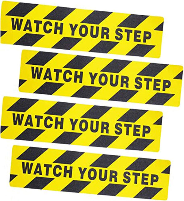 4 Pieces Watch Your Step Warning Sticker Adhesive Tape, 6 by 24 Inches, Anti Slip Abrasive Tape for Safety