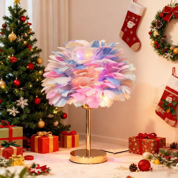 Colorful Feather Table Lamp with Gold Finish - 3 Color Changing LED