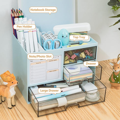 Desk Organizer with 3 Drawer, Multi-Functional Pencil Pen Holder for Desk, Desk Organizers and Storage with 5 Compartments, Desktop Organizer for Office Home Art Supplies (Blue) by QIYVLOS