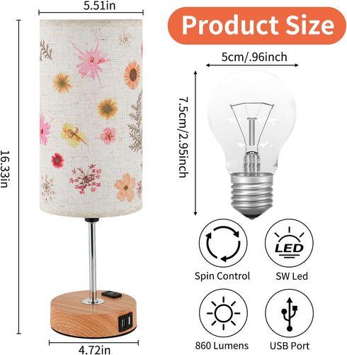 Woderdeng Lamp,3-Way Dimmable Decor,flower2 Flower Touch Table Bedside Lamps with USB Port and Outlet,Cute Lamp