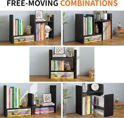 YSJILIDE Wood Adjustable Small Desktop Bookshelf, Expandable Storage Organizer, Office Supplies Desk Rack (Black)