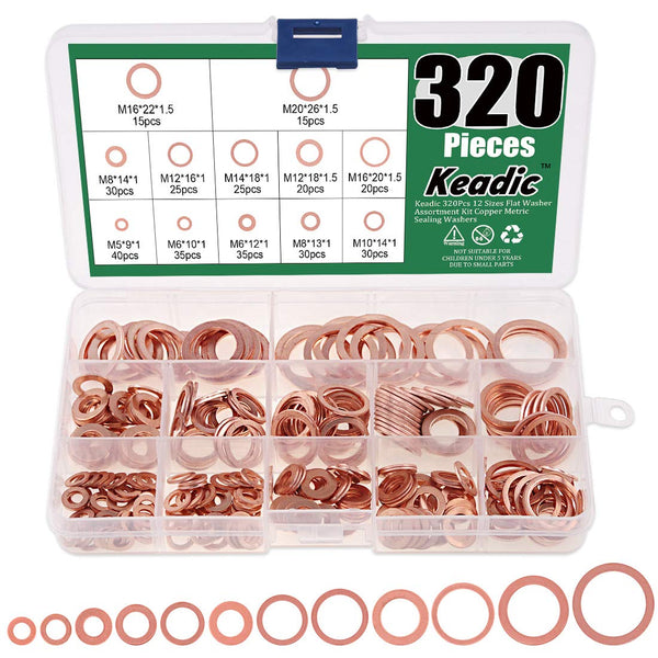 Keadic 320Pcs Copper Flat Washers Assortment Kit, M6 M8 M10 M12 M14 M16 M18 M20