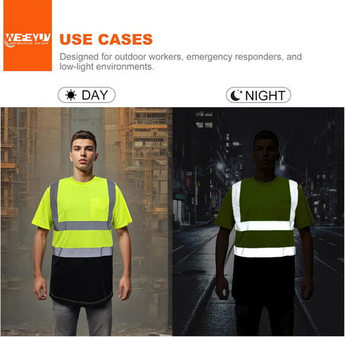High Visibility Shirts Class 2 Quick Dry Safety T Shirts with Pocket, 4 Reflective Strips, Short Sleeve, Black Bottom