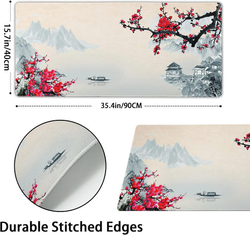 XXL Large Gaming Mouse Pad, Sakura Cherry Blossom Extended Desk Pad, Non-Slip Rubber Base 35.4x15.7in