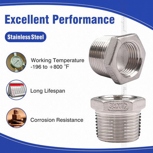 Stainless Steel Hex Bushing, NPT 3/4 to NPT 1/2 Threaded Reducing Bushing, Air Hose Reducer Coupling (2 pcs)