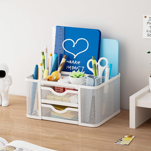 Marbrasse Mesh Desk Organizer - Pen Holder with 2 Drawers, Multi-Functional for Office Art Supplies