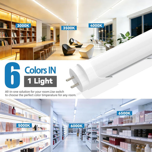 T8 Bulbs 4 4ft 24W, 3200LM, 6 CCT(3000K-6500K) Bulb 48 Inch T10 T12 2 Pack LED Foot, LED Tube Lights Type A+B, Plug
