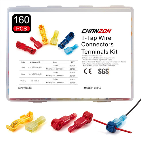 Chanzon 160 pcs Quick Splice T-Tap Wire Connector Kit - 22-10AWG - Self-Stripping PA Insulation (80 pairs)