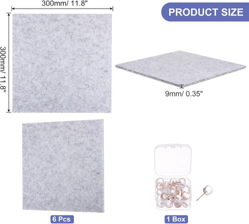 PATIKIL Felt Bulletin Board 12"x12" 6 Packs Self Adhesive Square Felt Tiles for Sound Proofing Wall Panels with 30 Push Pins for Home Office Recording Studio, Game Room, Gray